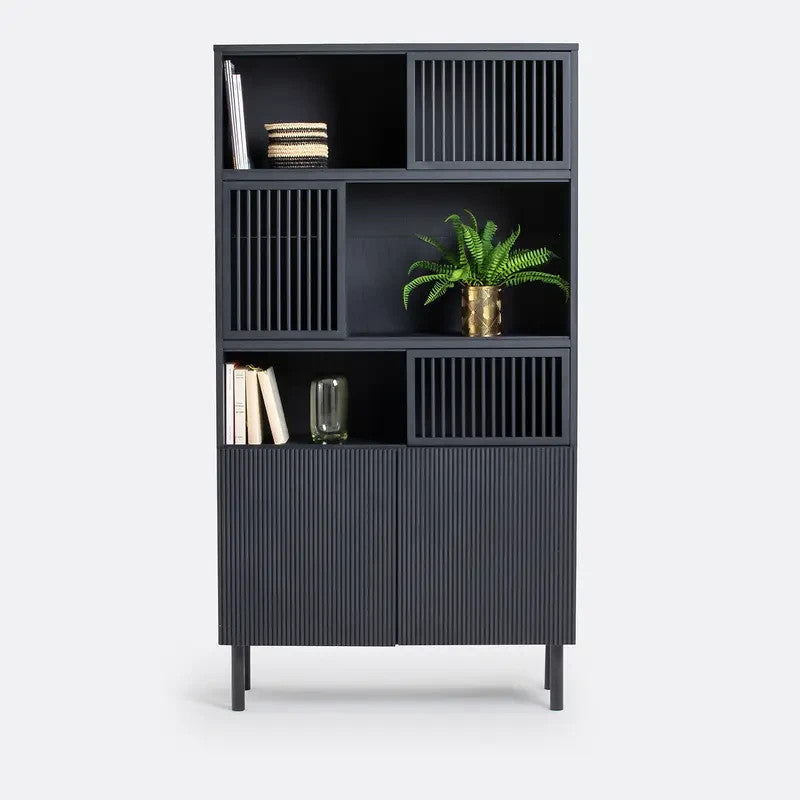 Black Oak Bookcase Cabinet with Sliding Doors & Soft Close Hinges 168cm