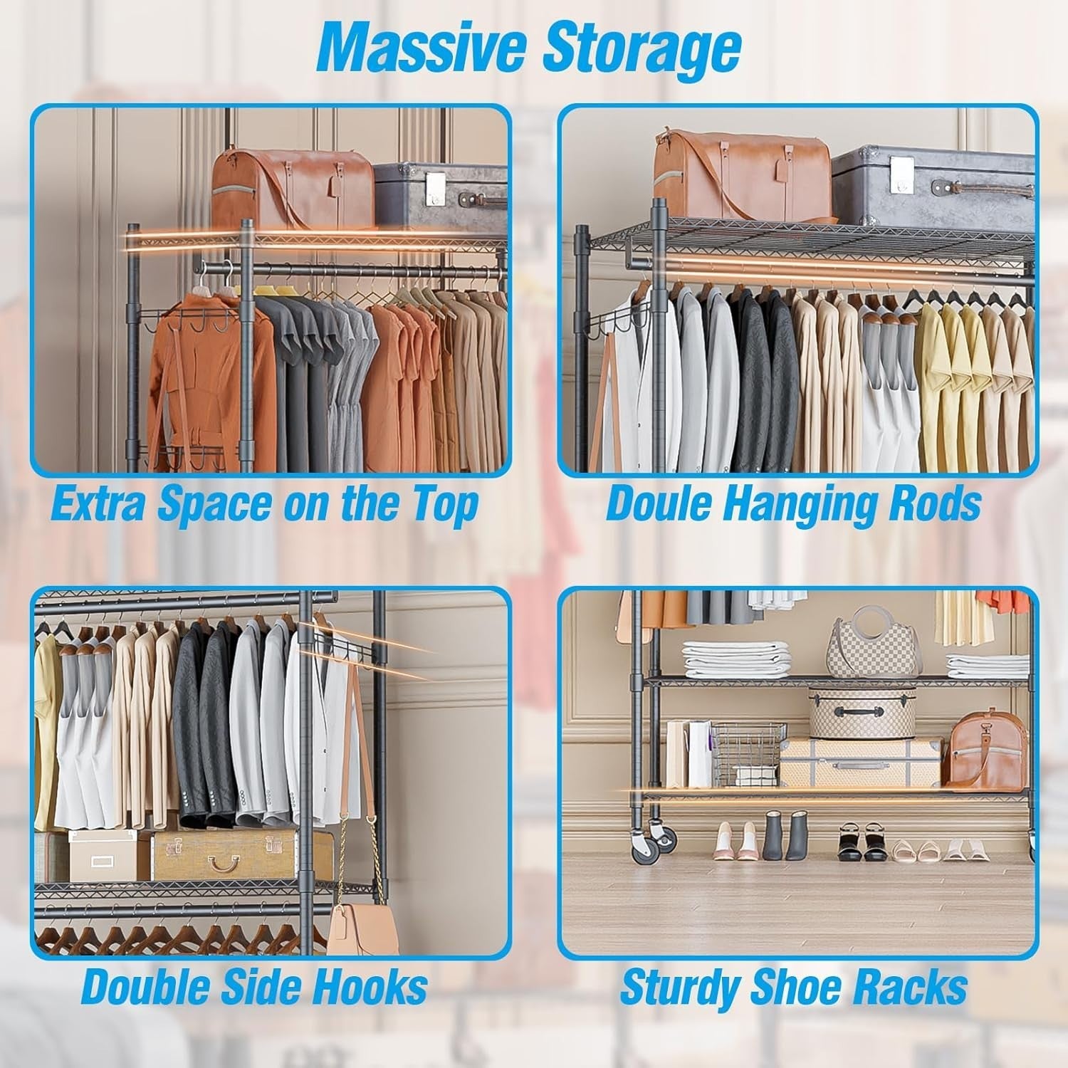 Heavy Duty Double Rod Clothes Rail 3-Tier with Wheels – Grey 205cm
