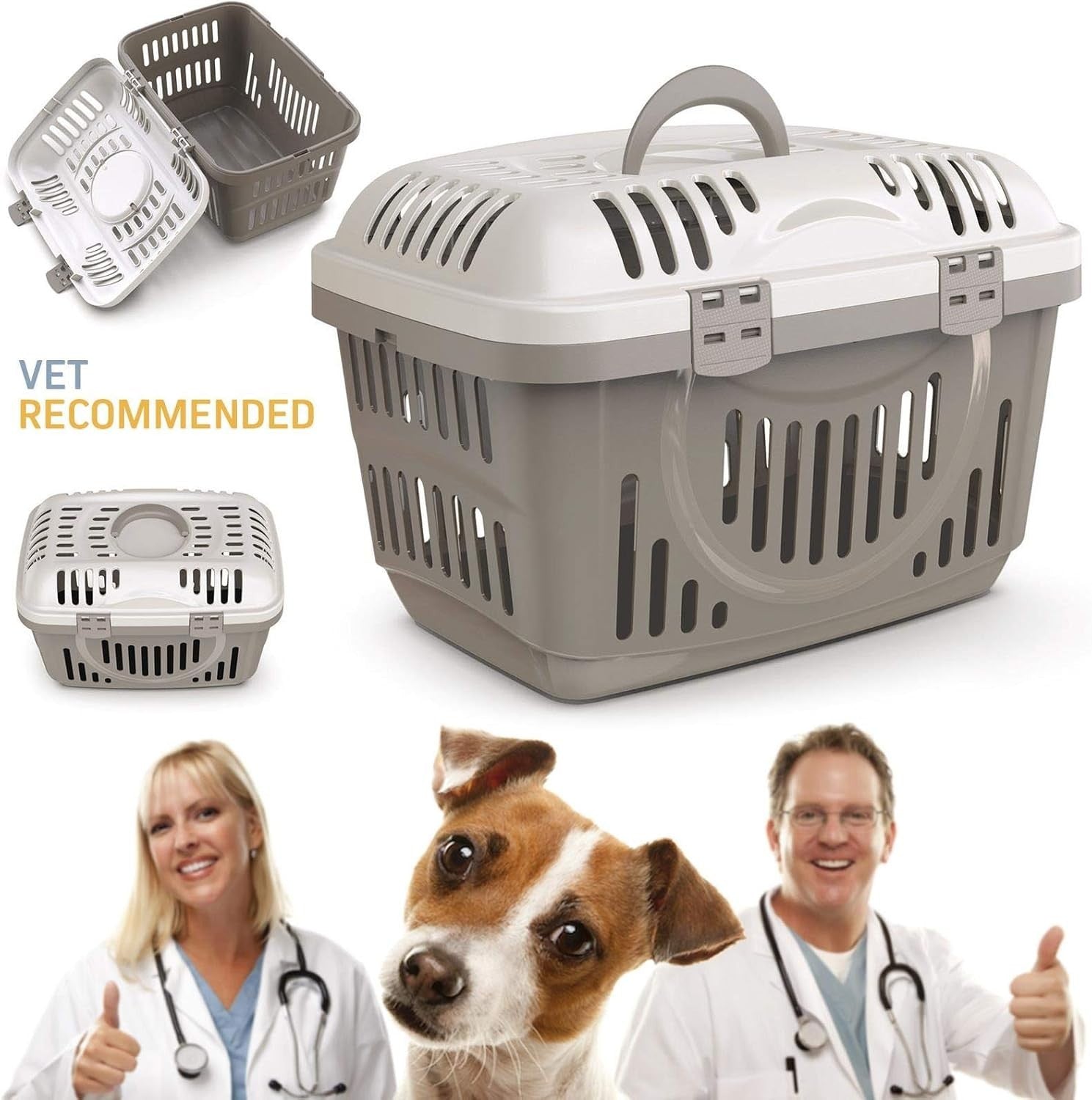 Portable Cat Carrier Basket with Top Lid | Grey Cream Pet Travel Crate Box