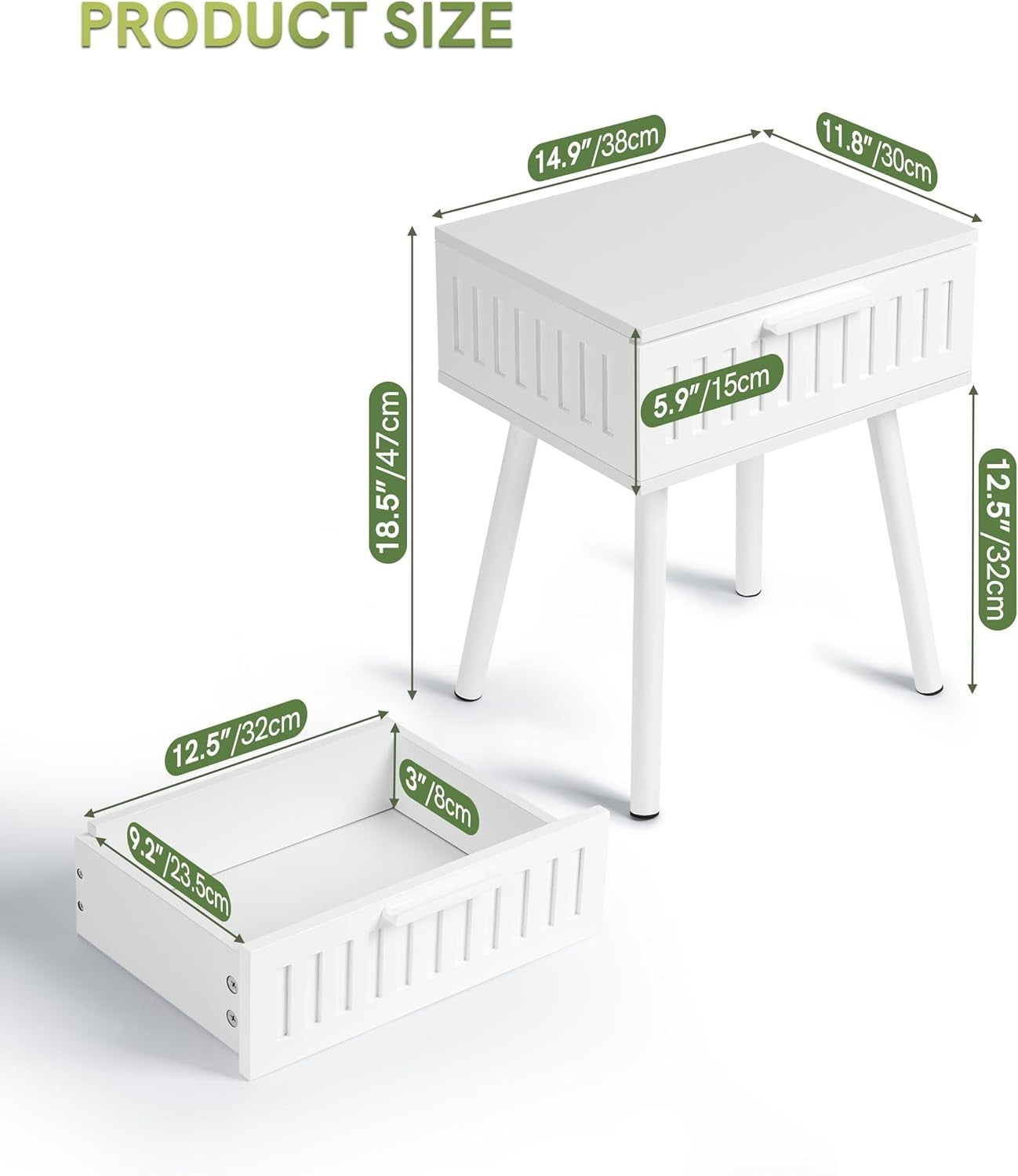 Modern White Bedside Tables Set of 2 with Drawer, Solid Wood Legs 50x45x16cm