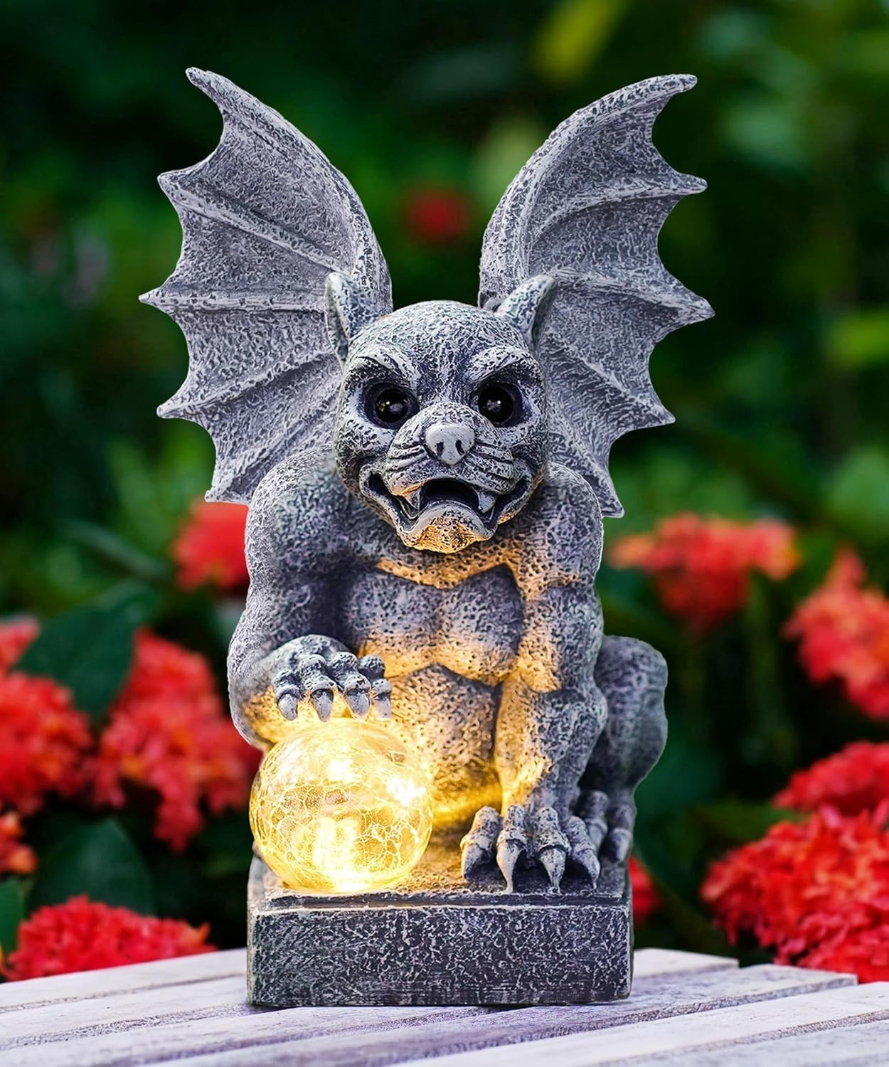 Solar Gargoyle Garden Ornament with LED Ball Light – Waterproof Gothic Statue