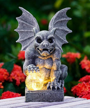 Solar Gargoyle Garden Ornament with LED Ball Light – Waterproof Gothic Statue