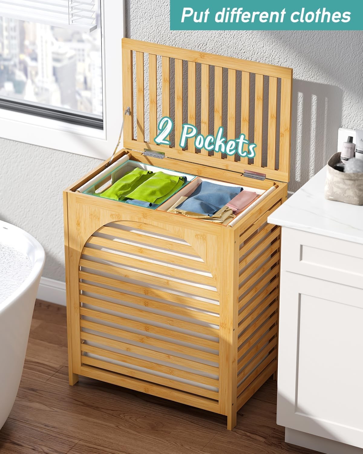 Natural Bamboo Laundry Hamper XL 103L with Lid & Removable Liner | Ventilated Ba