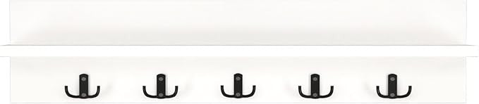 Wall Mounted Coat Rack 80cm White Shelf 5 Hooks Floating Entryway Storage