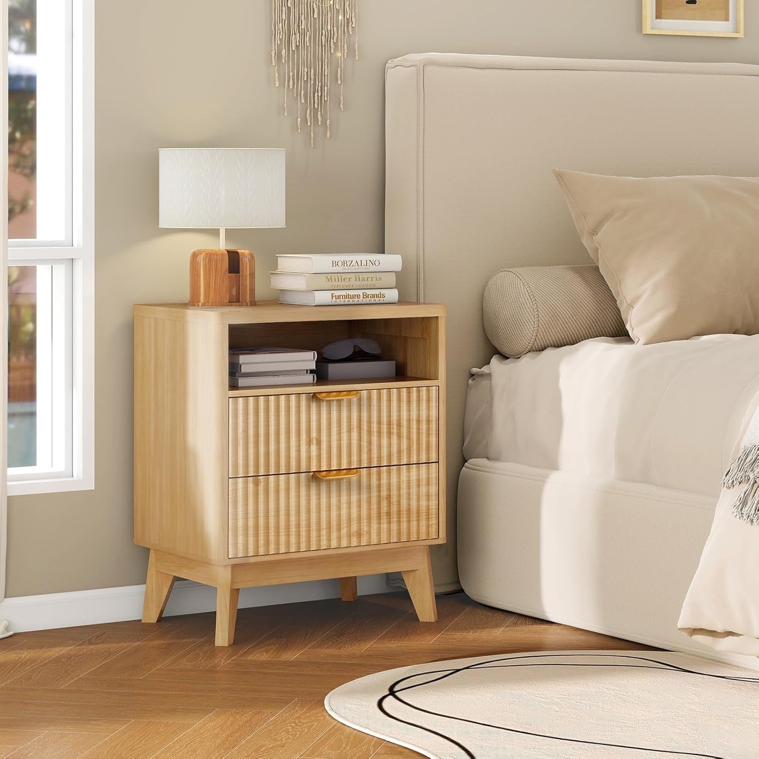 Natural Wood Bedside Table with 2 Drawers & Open Shelf