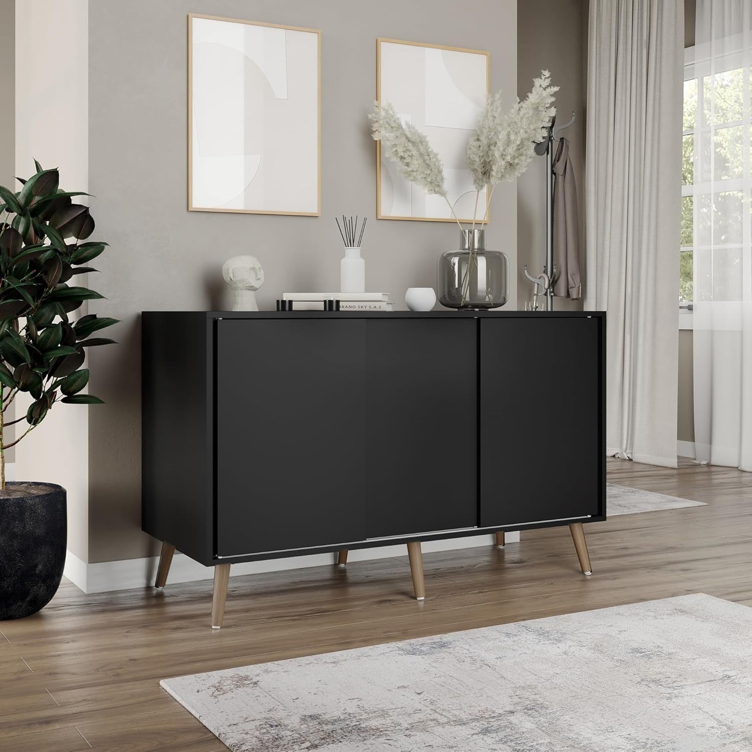 120cm Sliding Door Sideboard Cabinet with Wooden Legs for Living Room