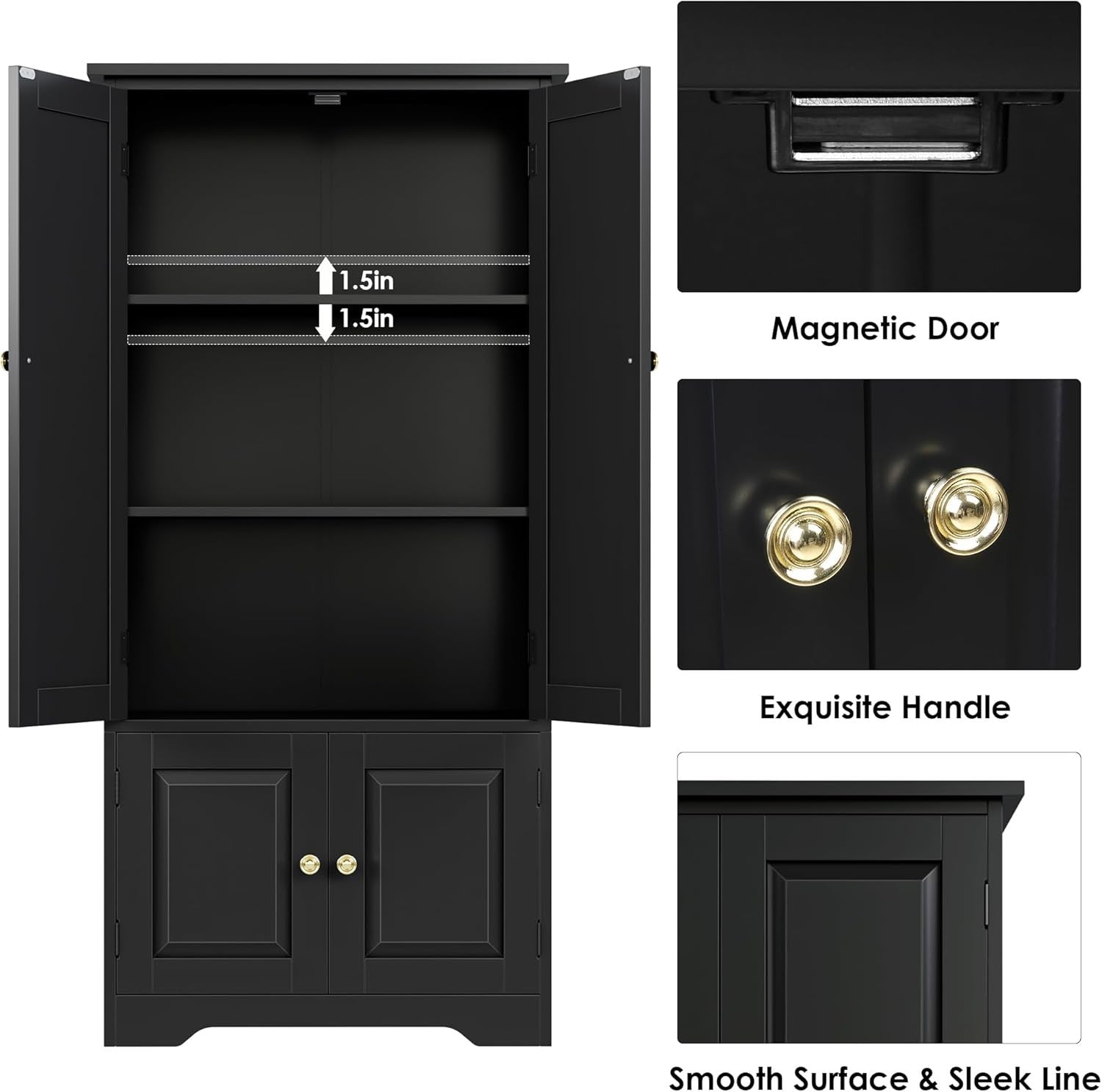 Black Kitchen Cupboard 4 Door Freestanding Storage Cabinet with Shelves