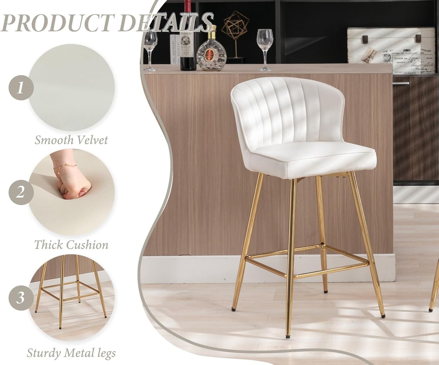 Set of 2 Beige Velvet Bar Stools with Gold Metal Legs Adjustable Counter Chairs