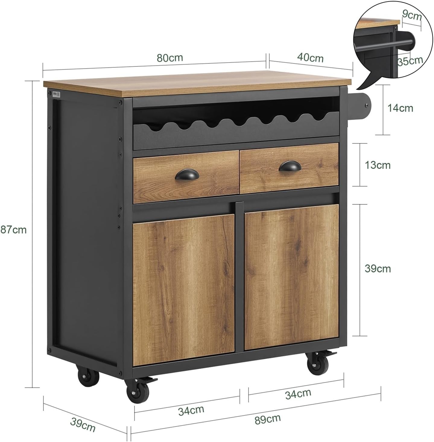 Vintage Brown Kitchen Trolley with Wine Rack, Drawers & Mobile Storage Cabinet