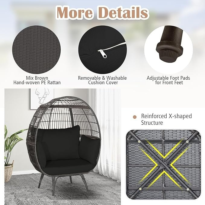 Luxury Oversized Egg Chair Rattan Wicker Lounge Seat with Cushions 180kg