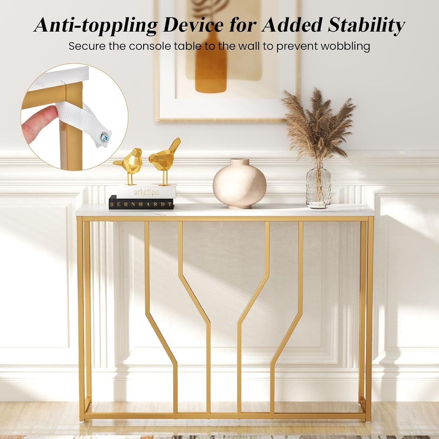 Slim Console Table with Faux Marble Top & Gold Metal Frame, 110cm