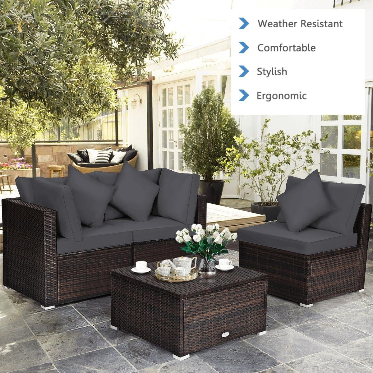 4PC Outdoor Rattan Sofa Set Grey Cushioned Garden Lounge Table Modular