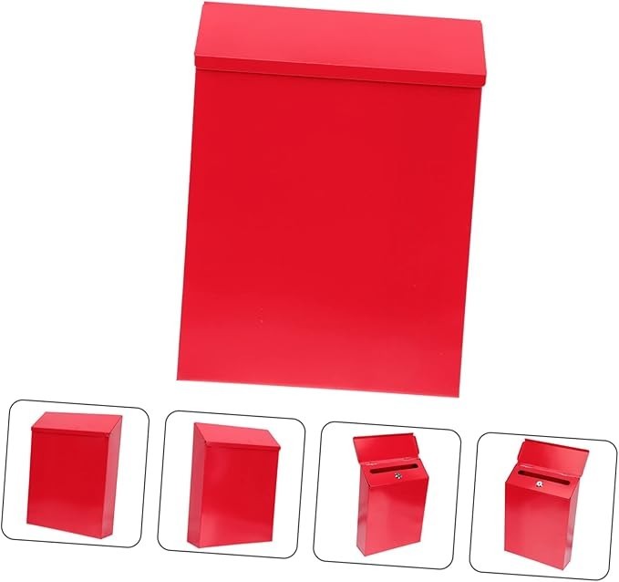 Wall-Mounted Lockable Mailbox Red Iron Postbox Secure Outdoor Letter Holder