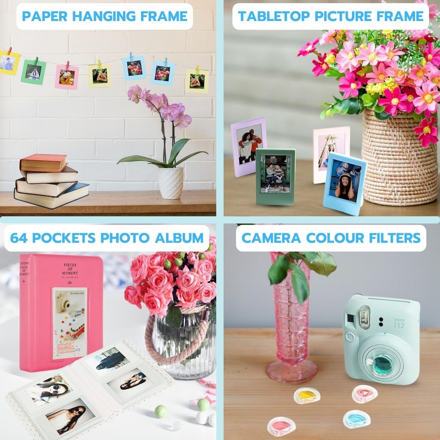 Instant Camera Bundle Blue 40 Film Shots Case Album Filters Photo Kit