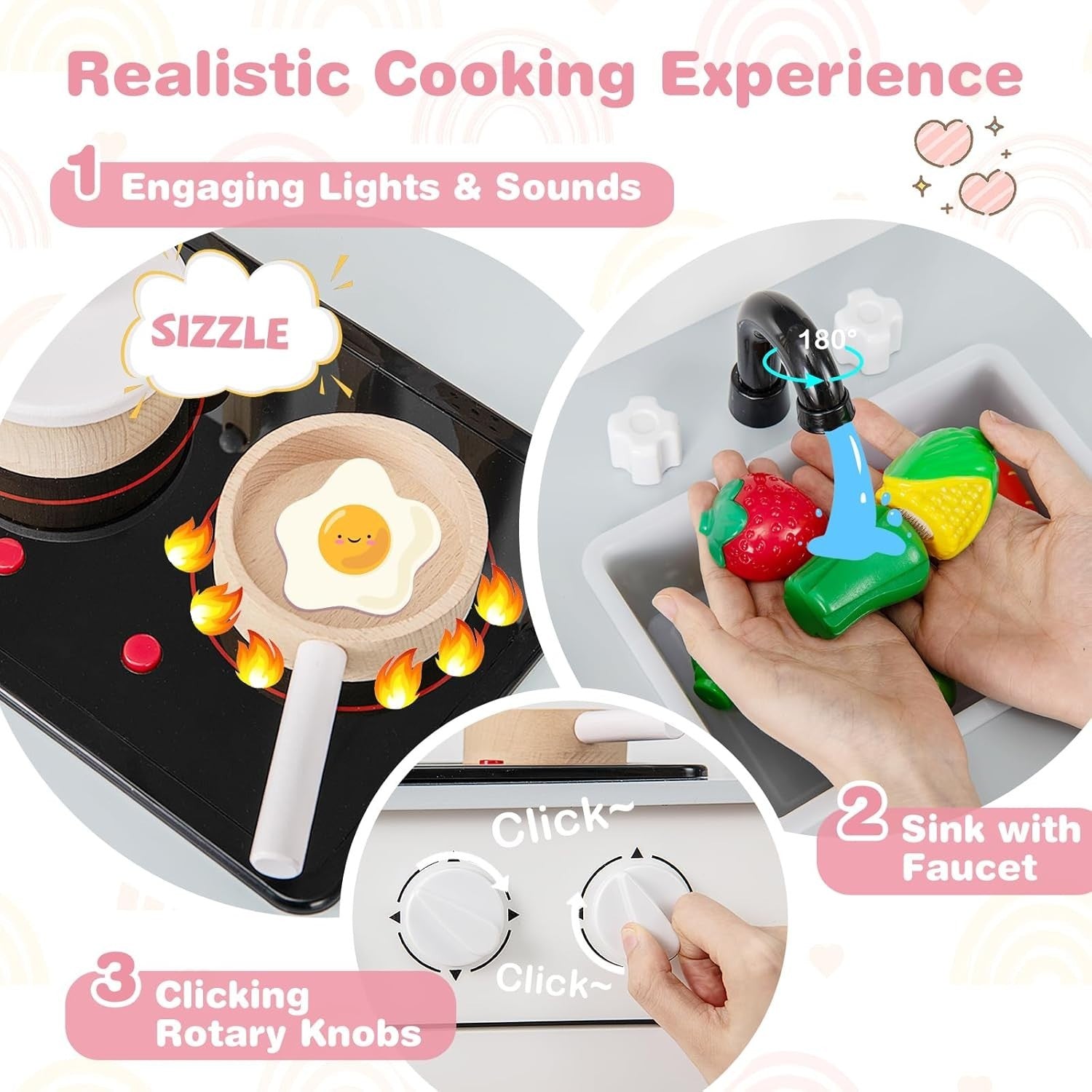 Wooden Kids Play Kitchen White Lights Sounds Oven Chef Toy Set