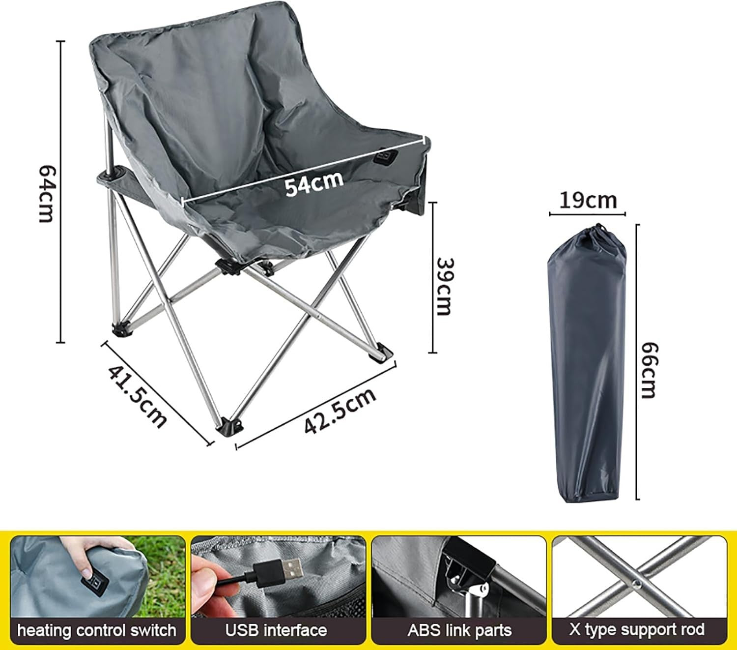 Heated Folding Camping Chair 3-Heat Levels USB Outdoor Warm Seat Hiking