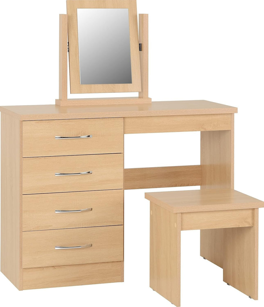 4 Drawer Dressing Table Set with Mirror & Stool Oak Effect Modern Furniture
