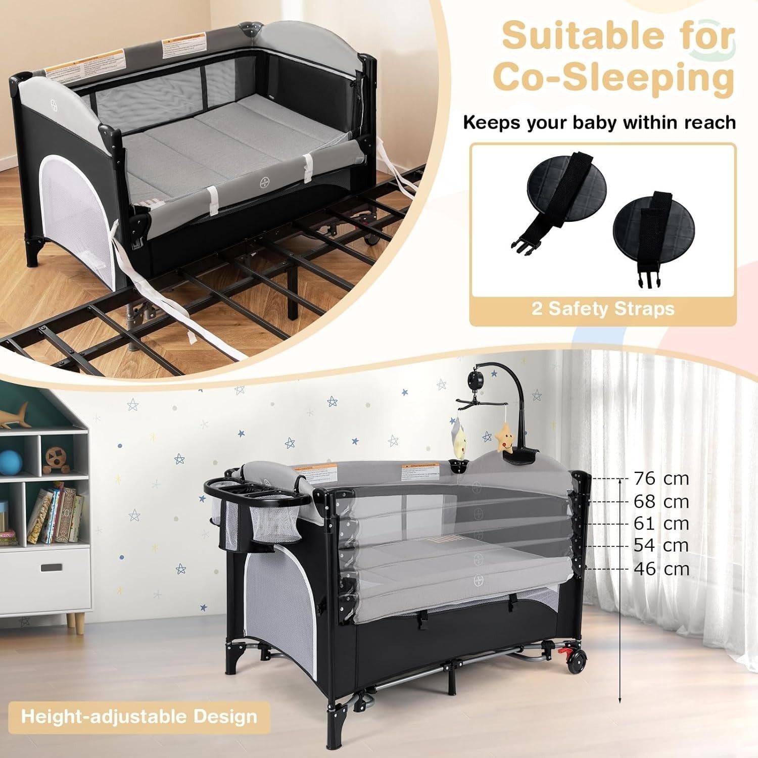 5in1 Travel Cot Baby Bedside Foldable Crib Bassinet Portable Playard Black Grey