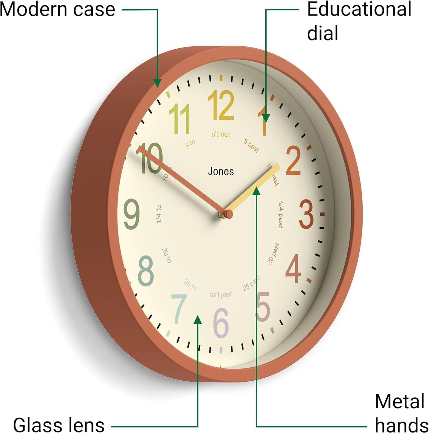 Modern Kids Wall Clock 25cm Silent Quartz Nursery Clock Terracotta Orange
