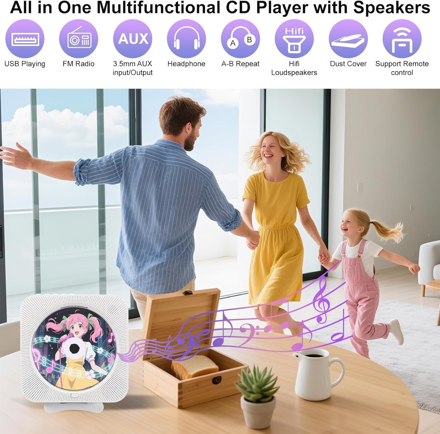 Bluetooth CD Player Boombox Wall Mount FM Radio USB AUX Remote White