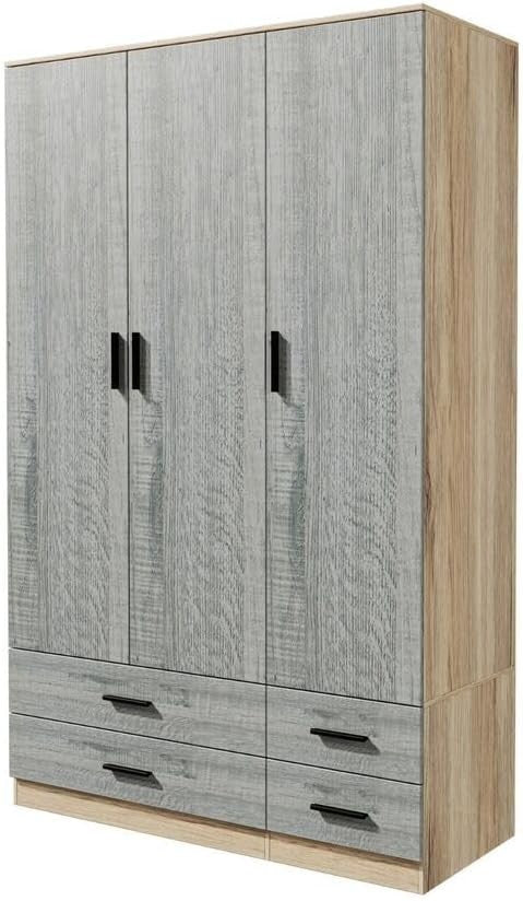 Oak & Ash Grey Wardrobe 3 Door 4 Drawer Storage Modern Bedroom Closet