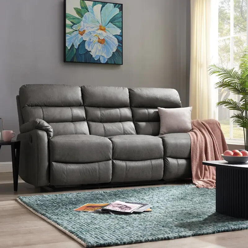 3 Seater Manual Recliner Sofa Grey Air Leather Lounge Couch Padded Chair