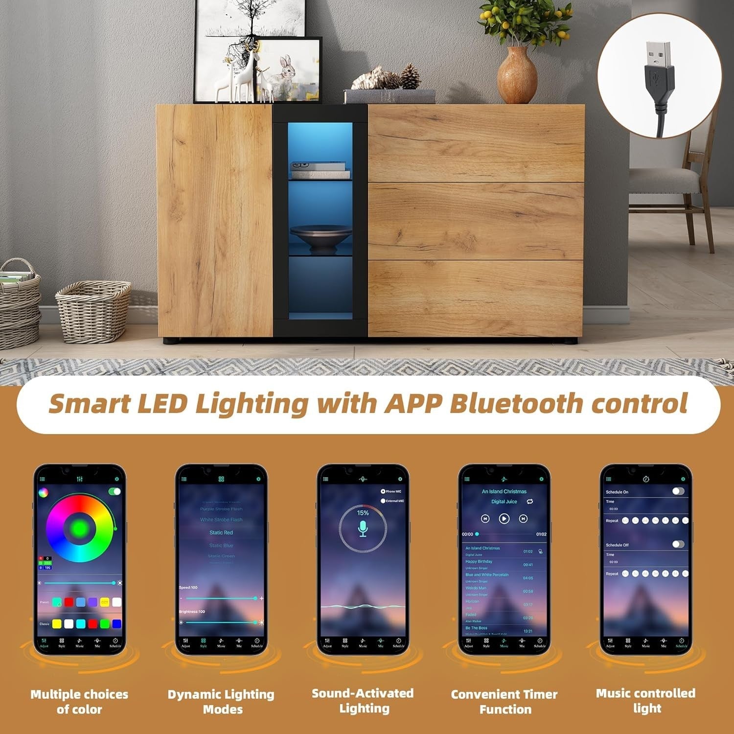 LED Sideboard Cabinet 3 Drawer Glass Shelf Unit Modern Storage Console