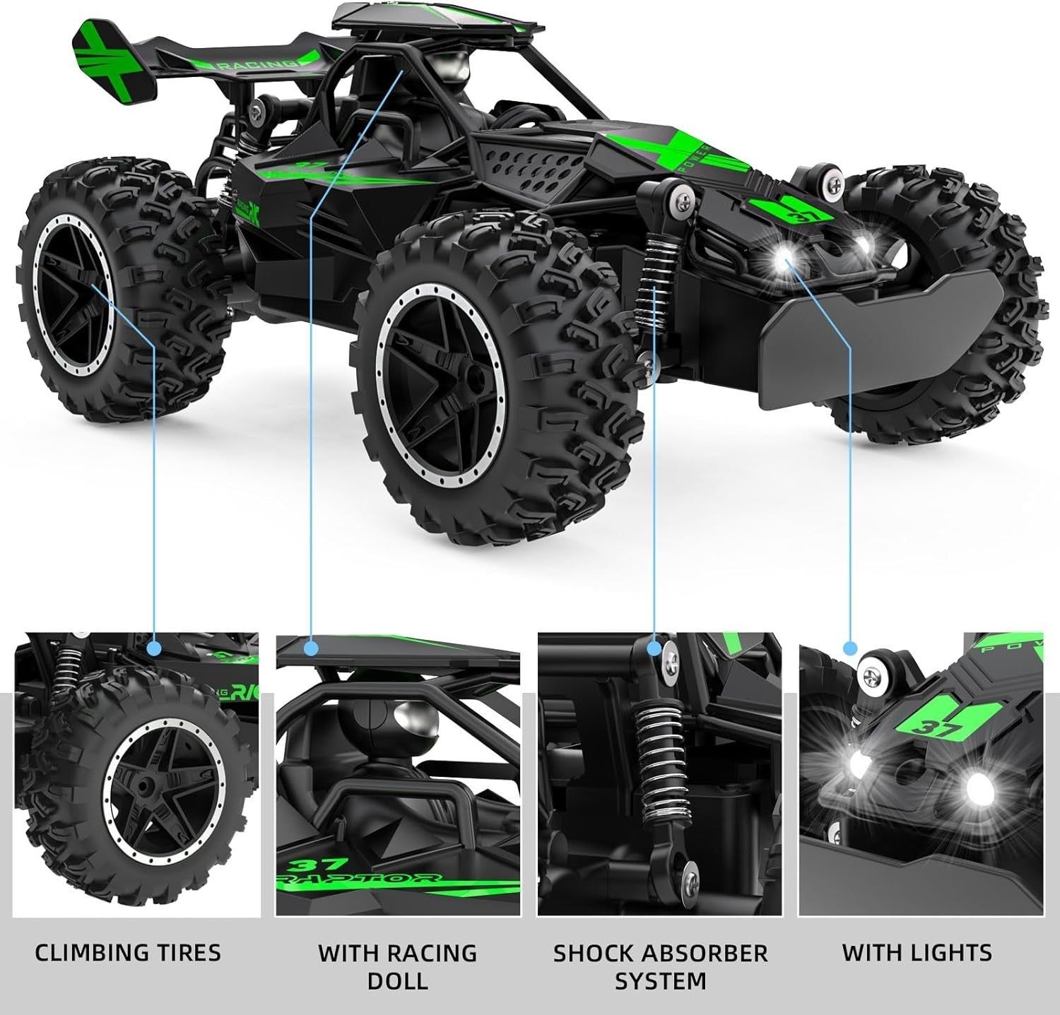 1:18 20KM/H RC Monster Truck Off Road Car w/ Lights 40Min Kids Remote Toy