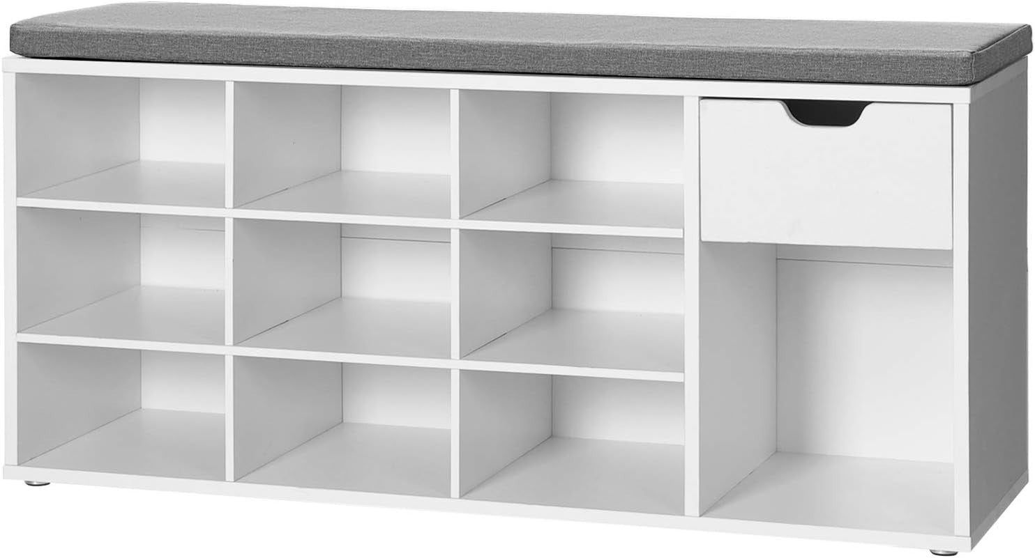Modern White & Grey Shoe Storage Bench with Cushion, Drawer & Open Compartments