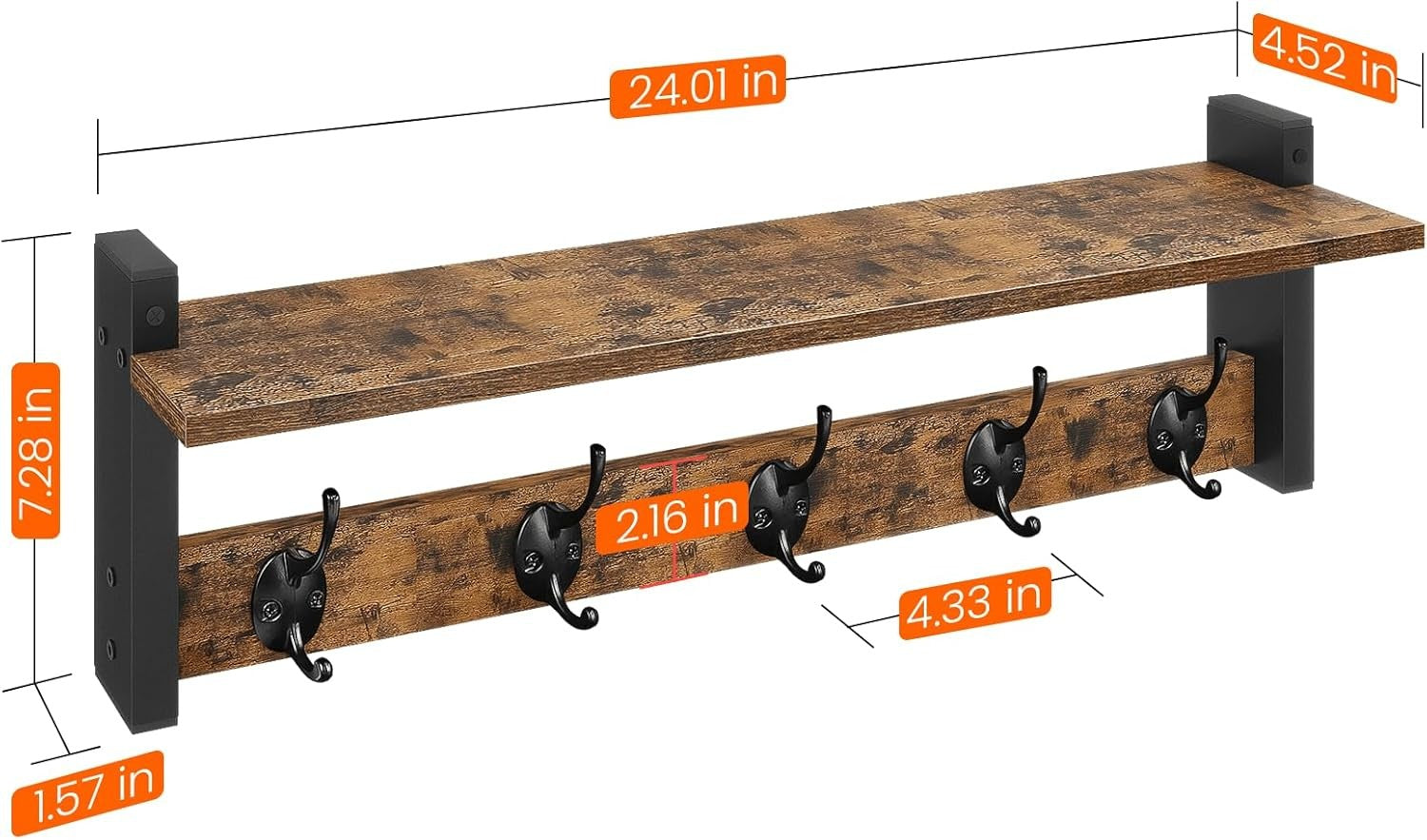 80cm Wall Mounted Coat Rack Shelf Black Entryway Hat Bag Towel Storage Hooks