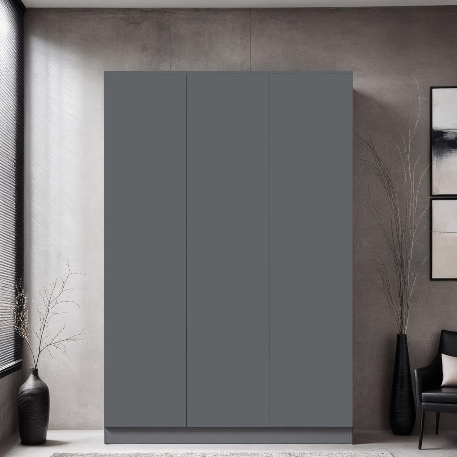 3 Door Dark Grey Wardrobe Matt Finish | Push-to-Open | Spacious Storage