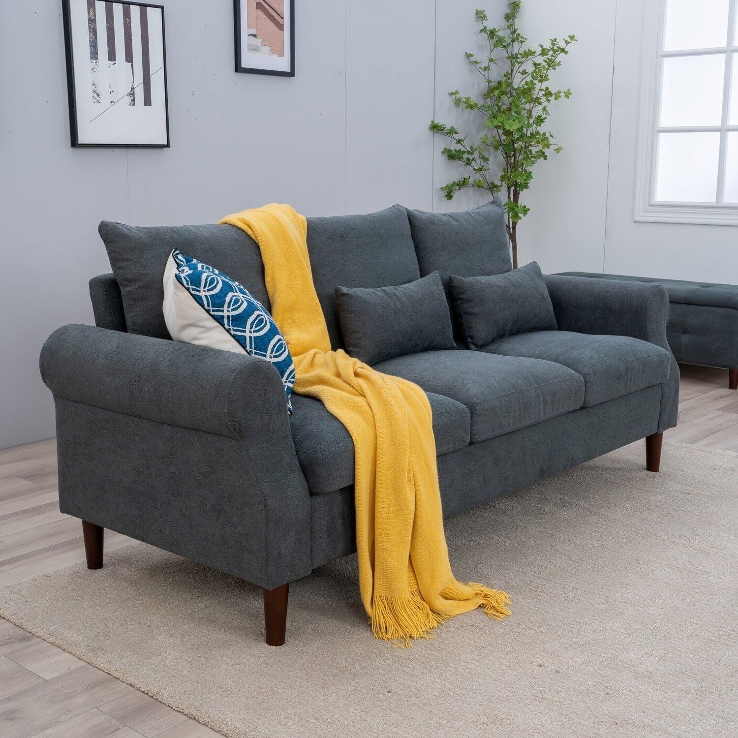 3 Seater Grey Linen Sofa Couch | Modern Fabric Settee Wood Legs