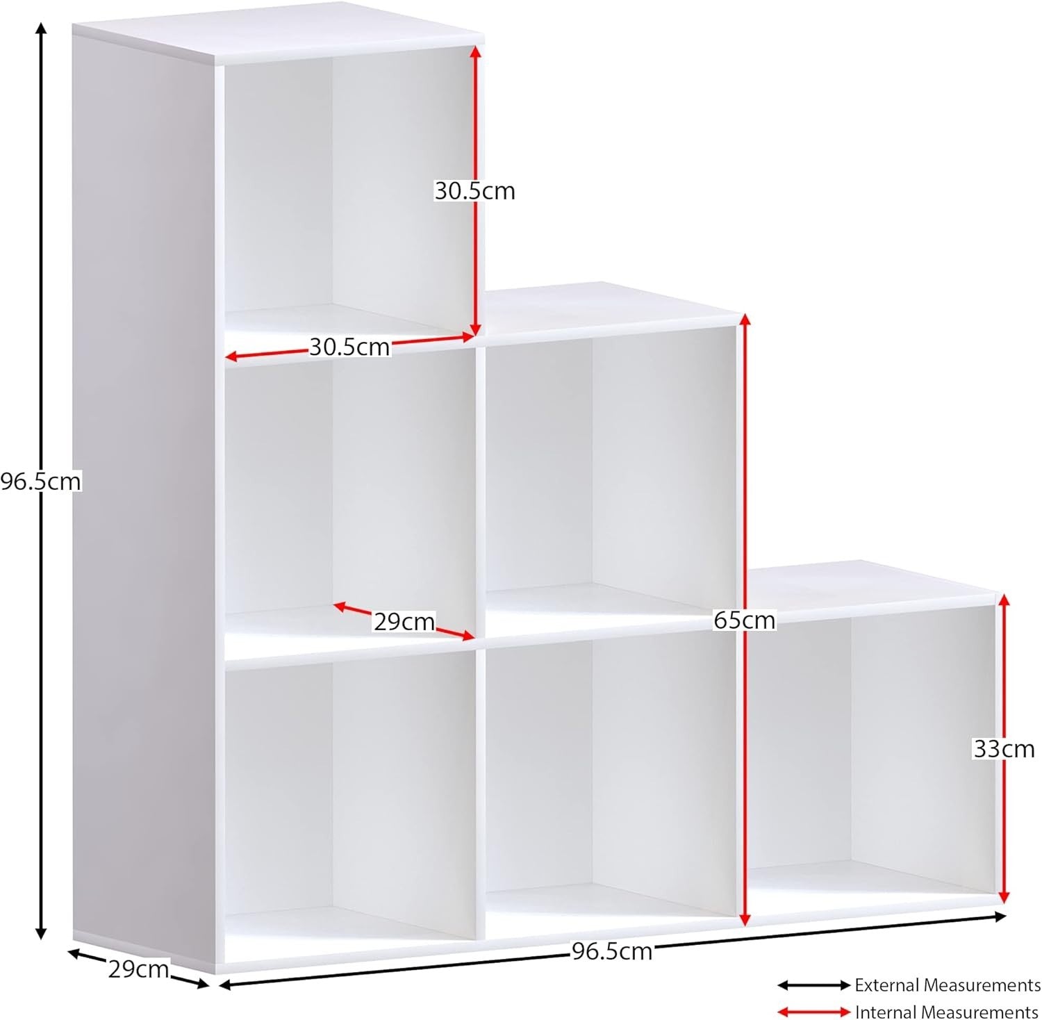 White 6 Cube Staircase Bookcase with 3 Grey Storage Baskets – Modern Unit