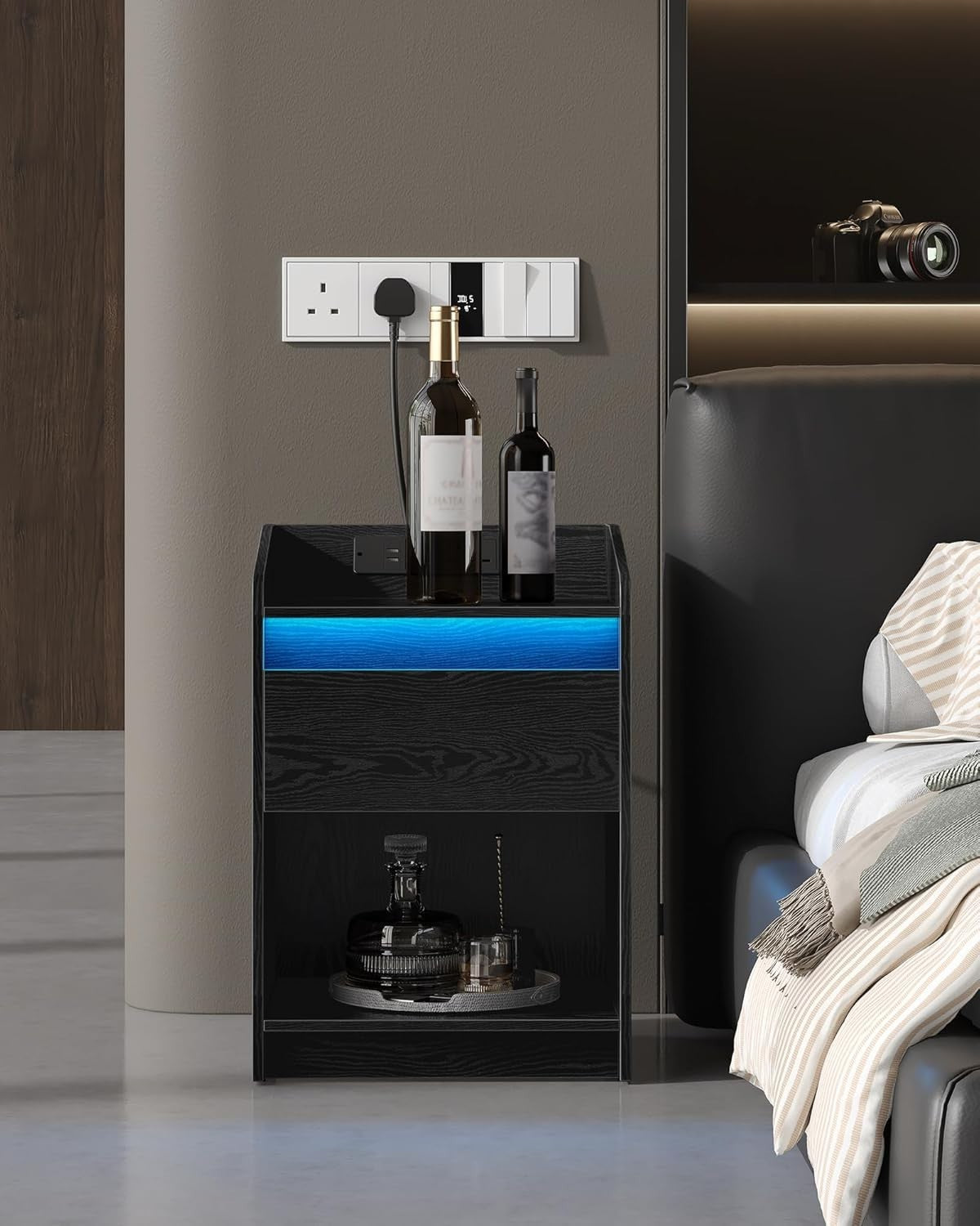 Set of 2 LED Bedside Tables with Charging Ports – Modern Nightstands with Drawer
