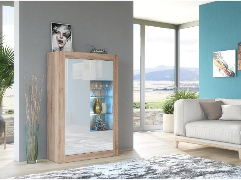 Modern Oak White LED Sideboard Cabinet Glass Doors Display Unit 140cm