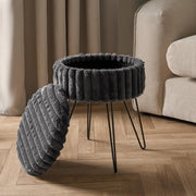 Charcoal Faux Fur Storage Stool Round Footrest Hairpin Leg Ottoman Seat