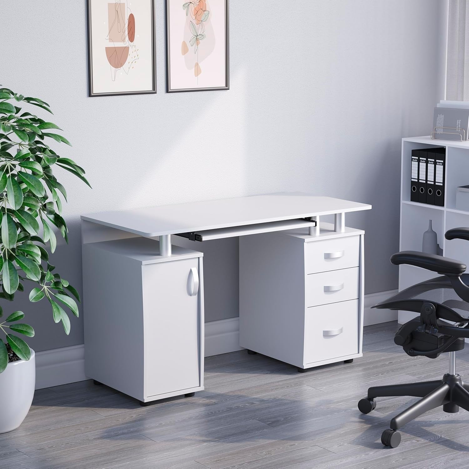 White 3 Drawer Computer Desk w/Shelves, Keyboard Tray 120cm Workstation