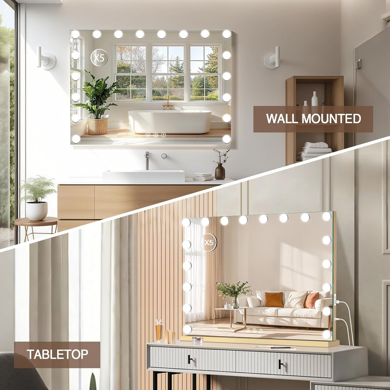 Large LED Vanity Mirror with Lights, USB Port & Smart Touch, 80x60cm