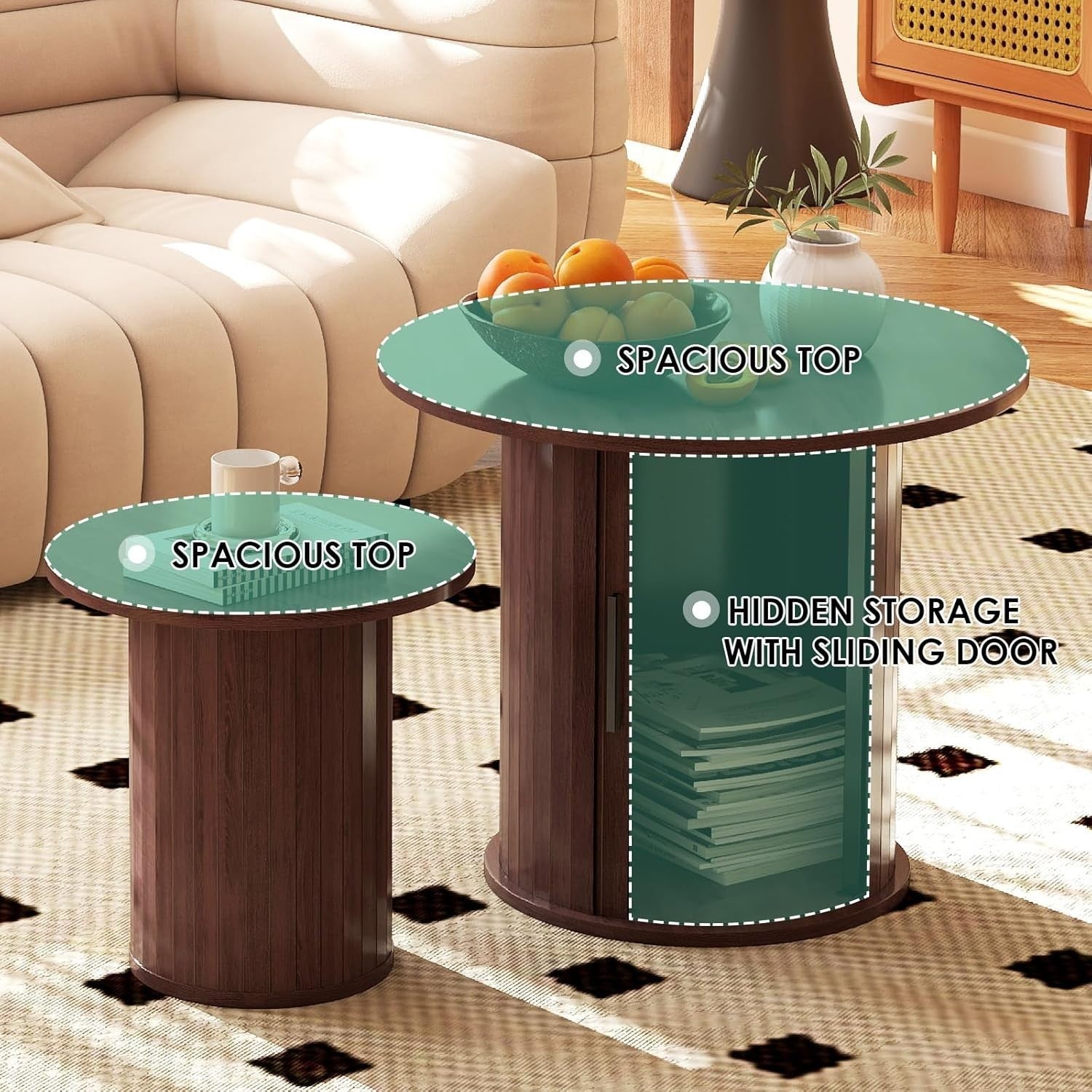 2-Piece 60cm Round Nesting Coffee Table Set with Hidden Storage, Dark Brown