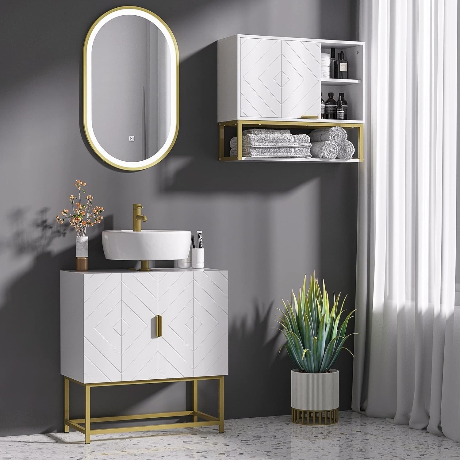 Modern Under Sink Bathroom Cabinet White Storage Unit Gold Legs 60x65cm