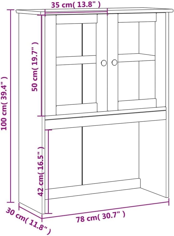 Pine Wood Dresser Top Cabinet 4 Shelves Glass Doors Kitchen Storage Brown