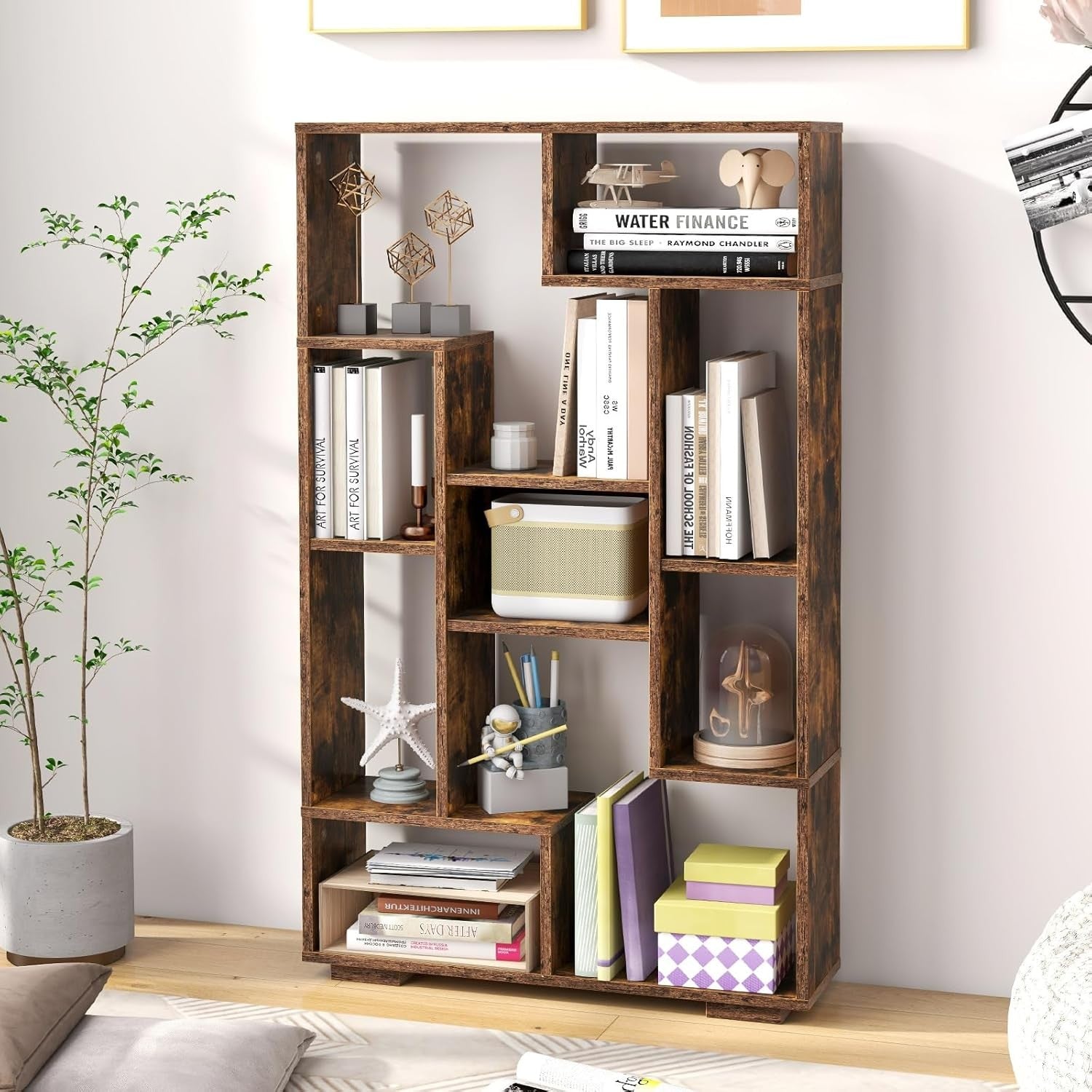 11-Cube Geometric Bookcase Rustic Brown | Modern Freestanding Display Storage