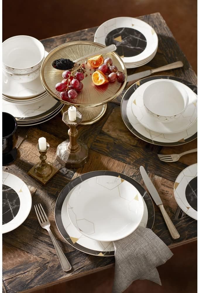 24pc Bone China Dinnerware Set Black White Gold Marble Luxury Plates
