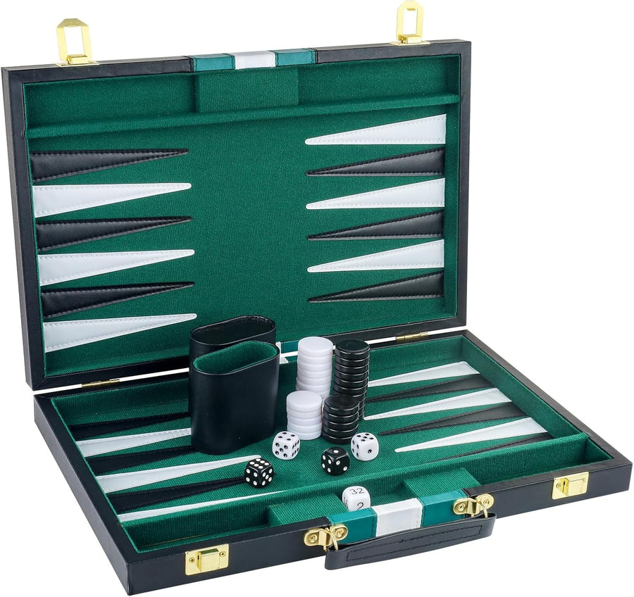 Backgammon Set 15in Faux Leather Case Travel Board Game for 2 Players