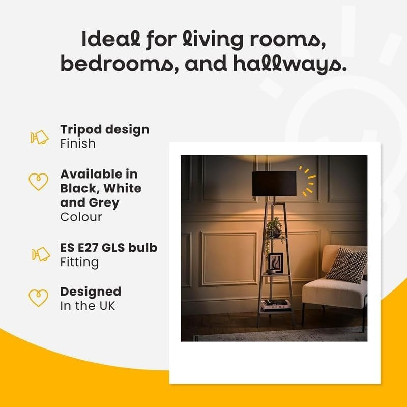 Modern Grey 3 Tier Floor Lamp with Shelves & White Shade | 156cm Wood Light