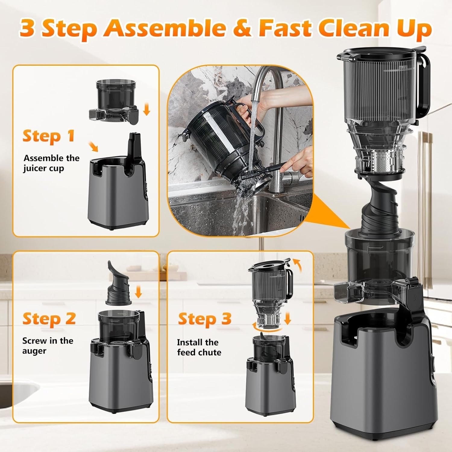 Cold Press Juicer 5.8in Extra Large Feed Chute Whole Fruit 350W