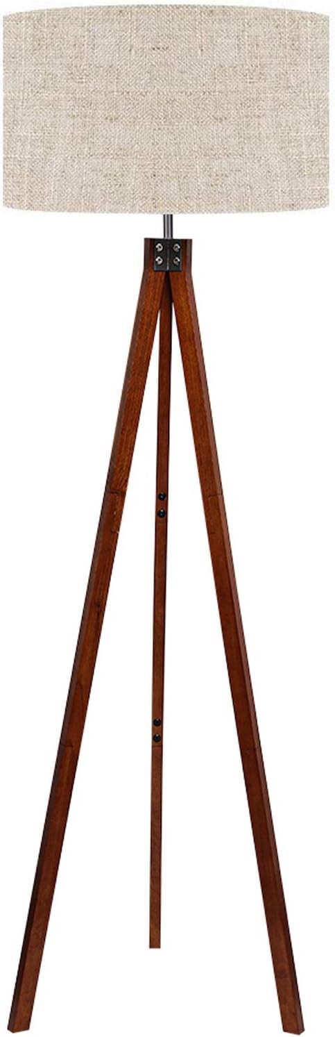 Tripod Floor Lamp Wooden Mid Century Standing Light Linen Shade 155cm
