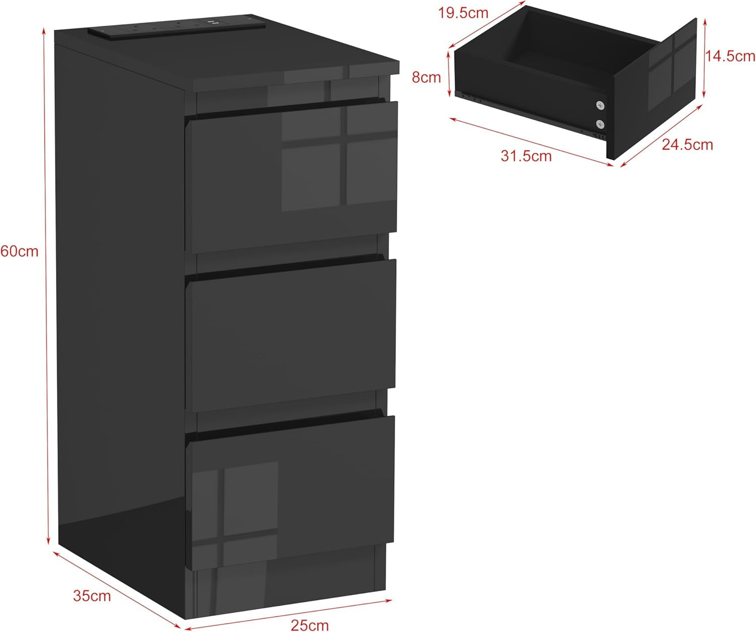 Black Bedside Table with USB Charging Ports, Slim 3-Drawer Narrow Nightstand