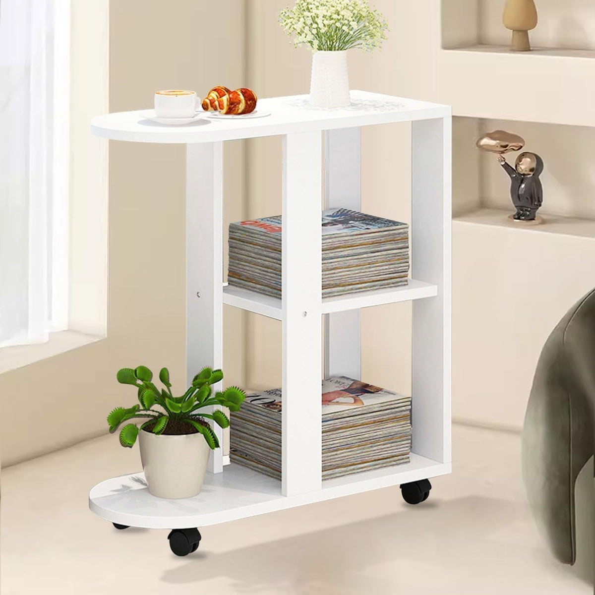 3-Tier White Wood Side Table with Wheels – Slim Mobile Sofa & Bedside Table