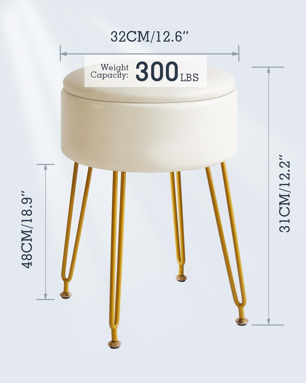 White Faux Leather Round Vanity Stool with Storage & Gold Metal Legs